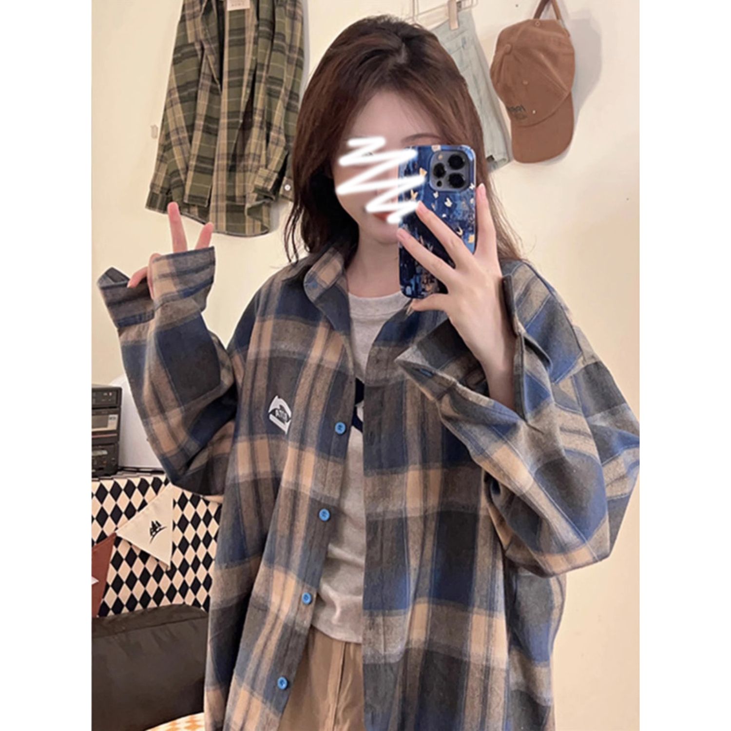 日系甜美少女格子長袖襯衫女秋季2023新款小眾寬鬆顯瘦襯衣外套潮