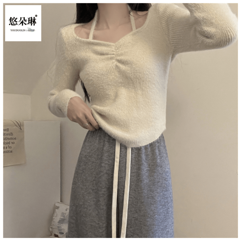 YOUDUOLIN針織衫女秋季新款純欲風高級感純色掛脖方口領綁帶上衣