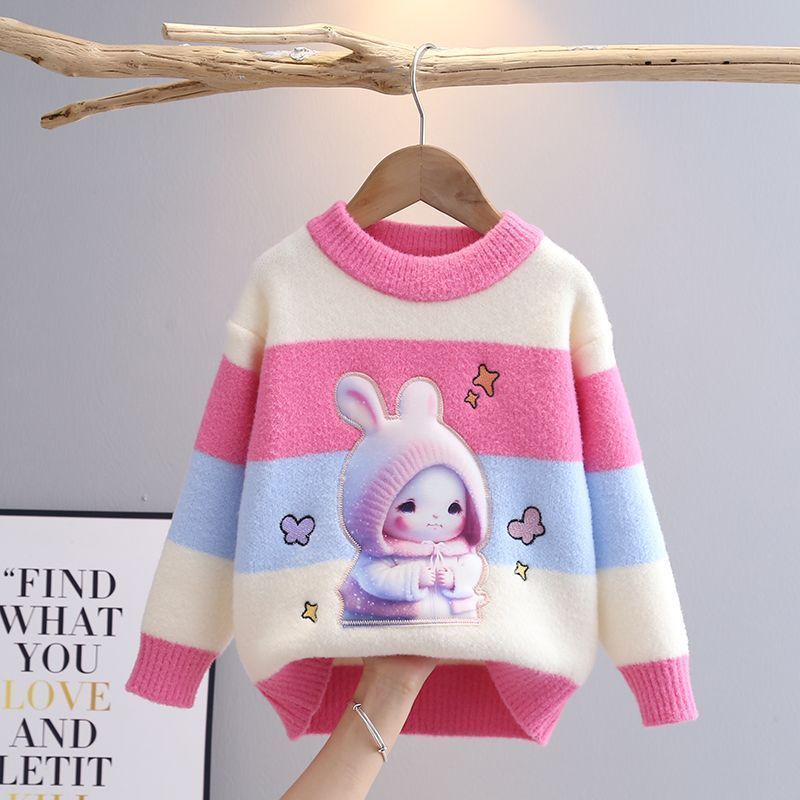 女童卡通兔子毛衣新款秋冬装儿童加绒洋气条纹针织衫打底宝宝上衣