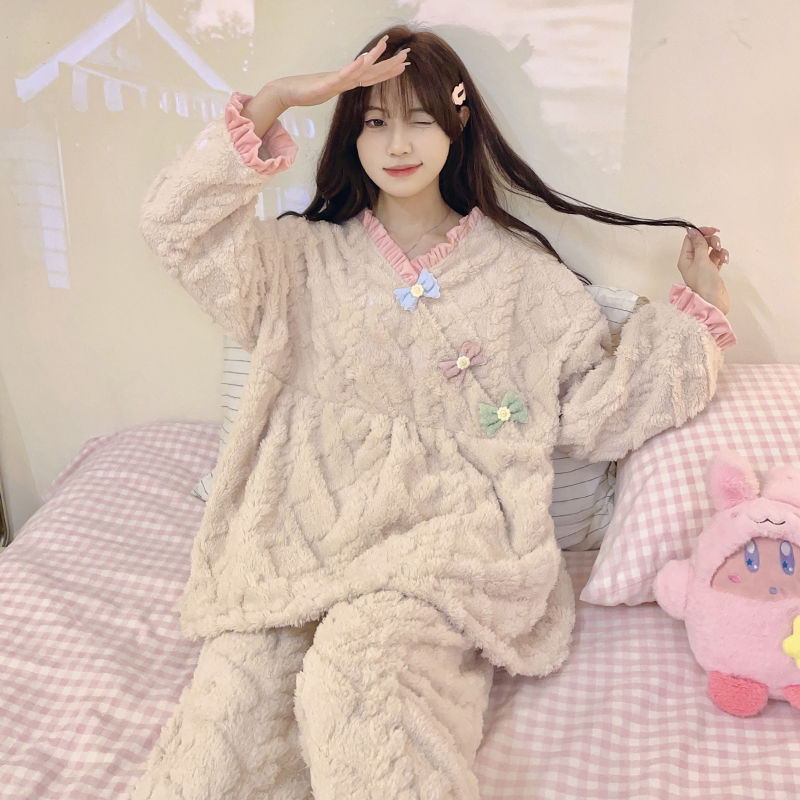 甜美法蘭絨睡衣女秋冬季爆款珊瑚絨加絨加厚公主風家居服套裝卡通