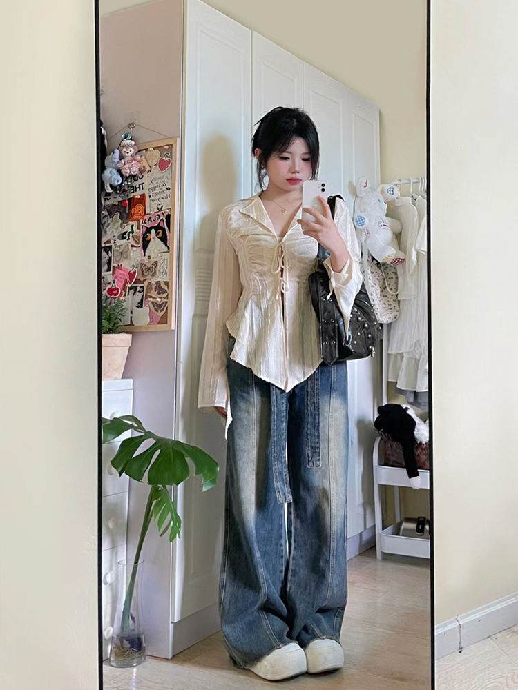 大碼女裝法式氣質系帶襯衫女秋季修身顯瘦長袖襯衣不規則辣妹上衣