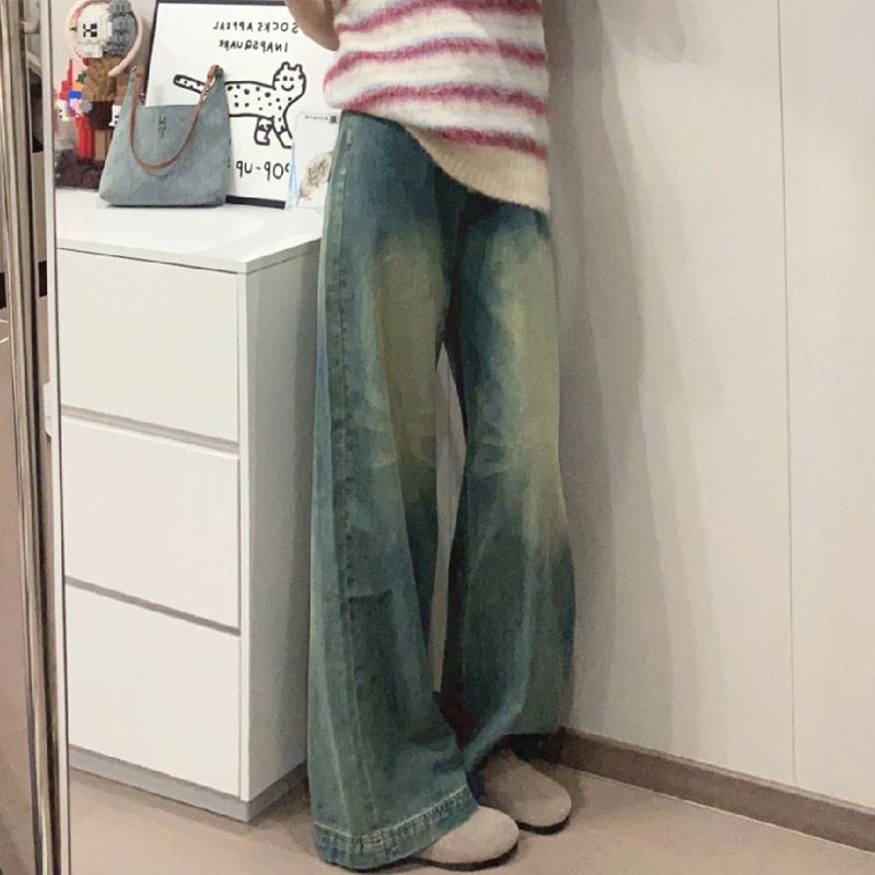 美式復古做舊直筒牛仔褲女秋季小個子高腰顯瘦寬鬆垂感闊腿拖地褲