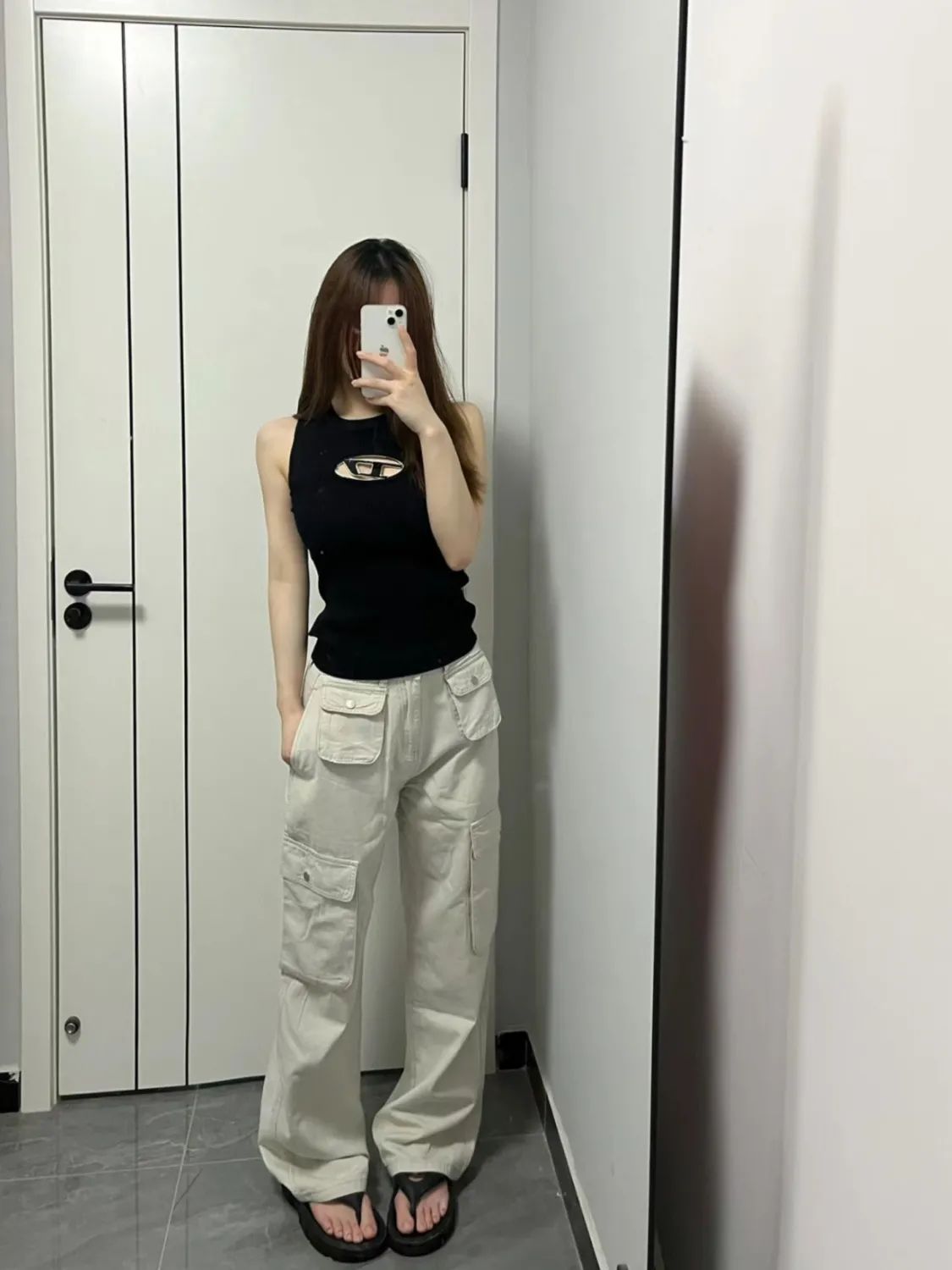 沙白色工裝褲女休閒牛仔長褲秋季高腰顯瘦垂感直筒闊腿拖地褲ins