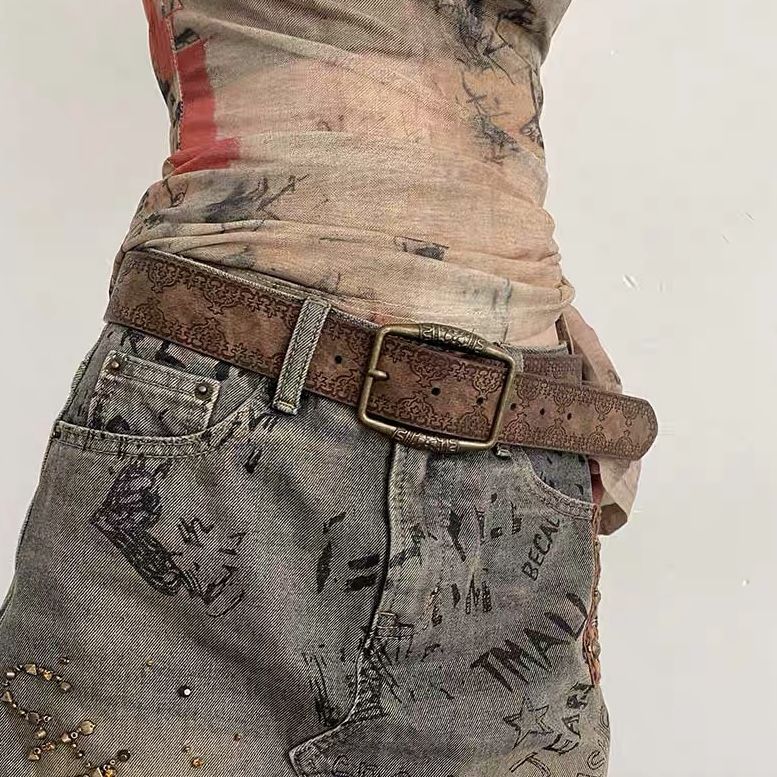 Ethnic style distressed 80s textured printed belt, brown personalized antique copper buckle embossed versatile belt_voghion.com