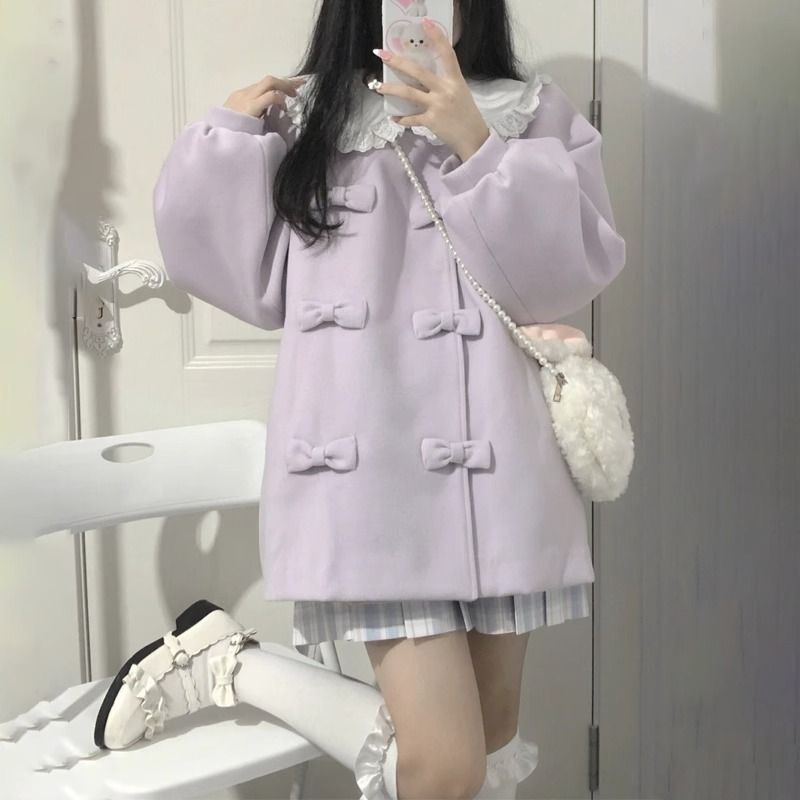 小個子穿搭可愛甜美紫色娃娃領2023新款外套寬鬆學院風外套冬季