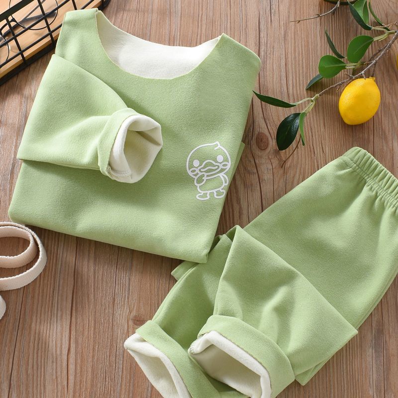 Little Yellow Duck Children's Underwear Set Boys' German Velvet Autumn Clothes and Autumn Pants Warm Cotton Sweaters for Baby Girls Autumn and Winter Pajamas