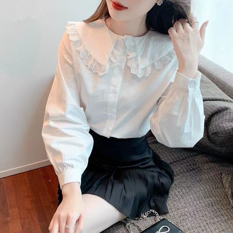 格瑞吉奧白色娃娃領襯衫女設計感小眾春秋百搭襯衣內搭外穿上衣潮
