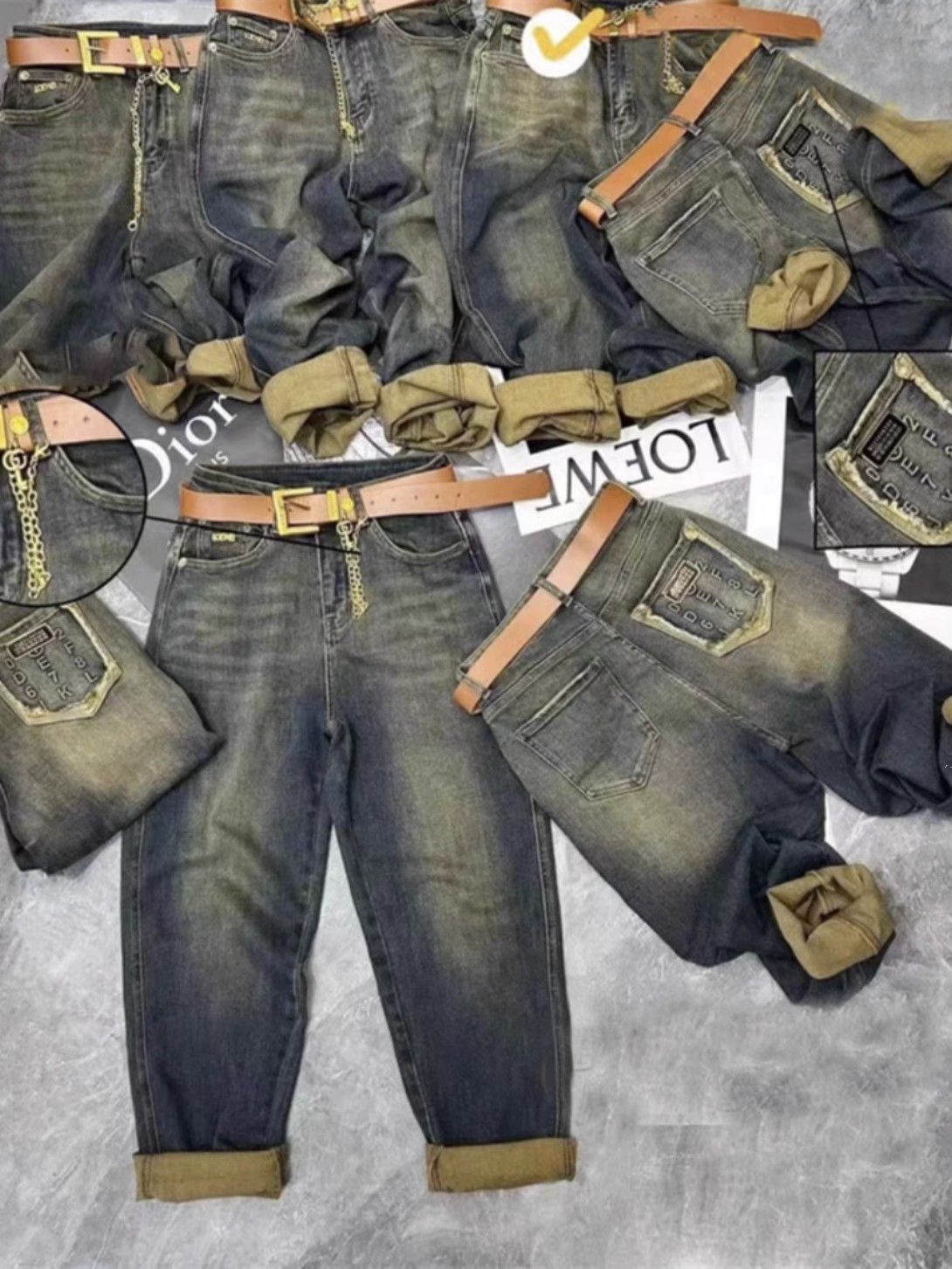 2023歐貨秋季洋氣口袋字母刺繡哈倫牛仔褲金屬標寬鬆微垮老爹褲