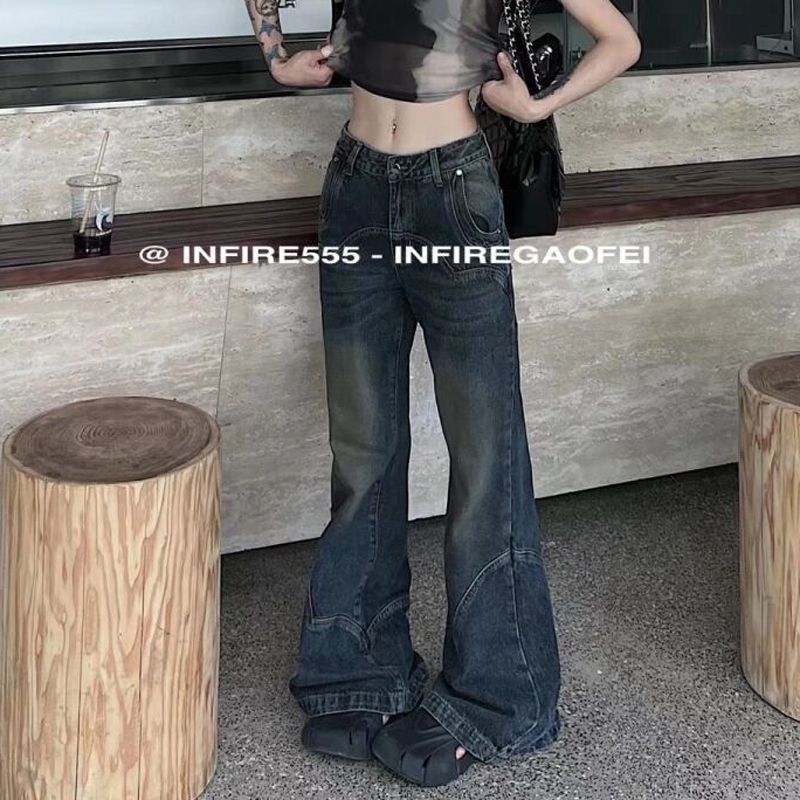 美式復古做舊闊腿微喇牛仔褲女秋季小個子高腰顯瘦垂感馬蹄長褲潮