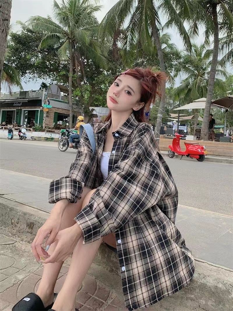 格瑞吉奧復古格子襯衫女新款春秋休閒港風寬鬆百搭長袖襯衣外套
