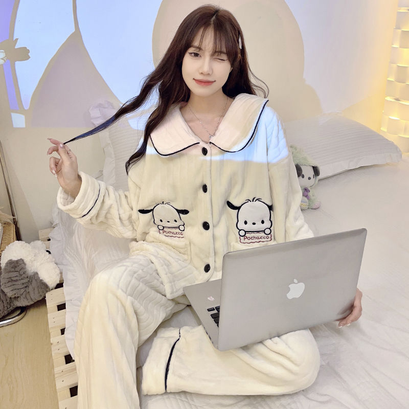 甜美法蘭絨睡衣女秋冬季爆款珊瑚絨加絨加厚公主風家居服套裝卡通