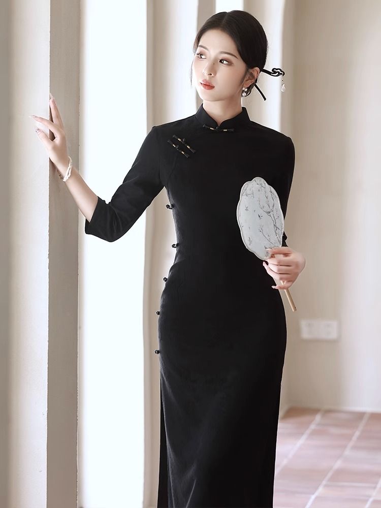 黑色旗袍長袖2023新款秋季女修身顯瘦年輕款氣質高端新中式連衣裙