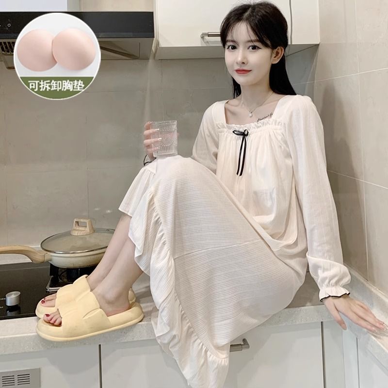 睡裙女夏款長袖純棉大碼胖mm睡衣春秋冬季寬鬆連衣裙帶胸墊家居服