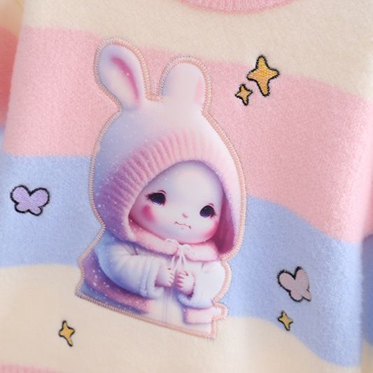 女童卡通兔子毛衣新款秋冬装儿童加绒洋气条纹针织衫打底宝宝上衣
