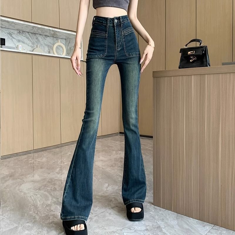  Spring and Autumn New Retro High Waist Slim Micro Flared Jeans Women's Elastic Slim Horseshoe Pants Floor-Mopping Pants Trendy