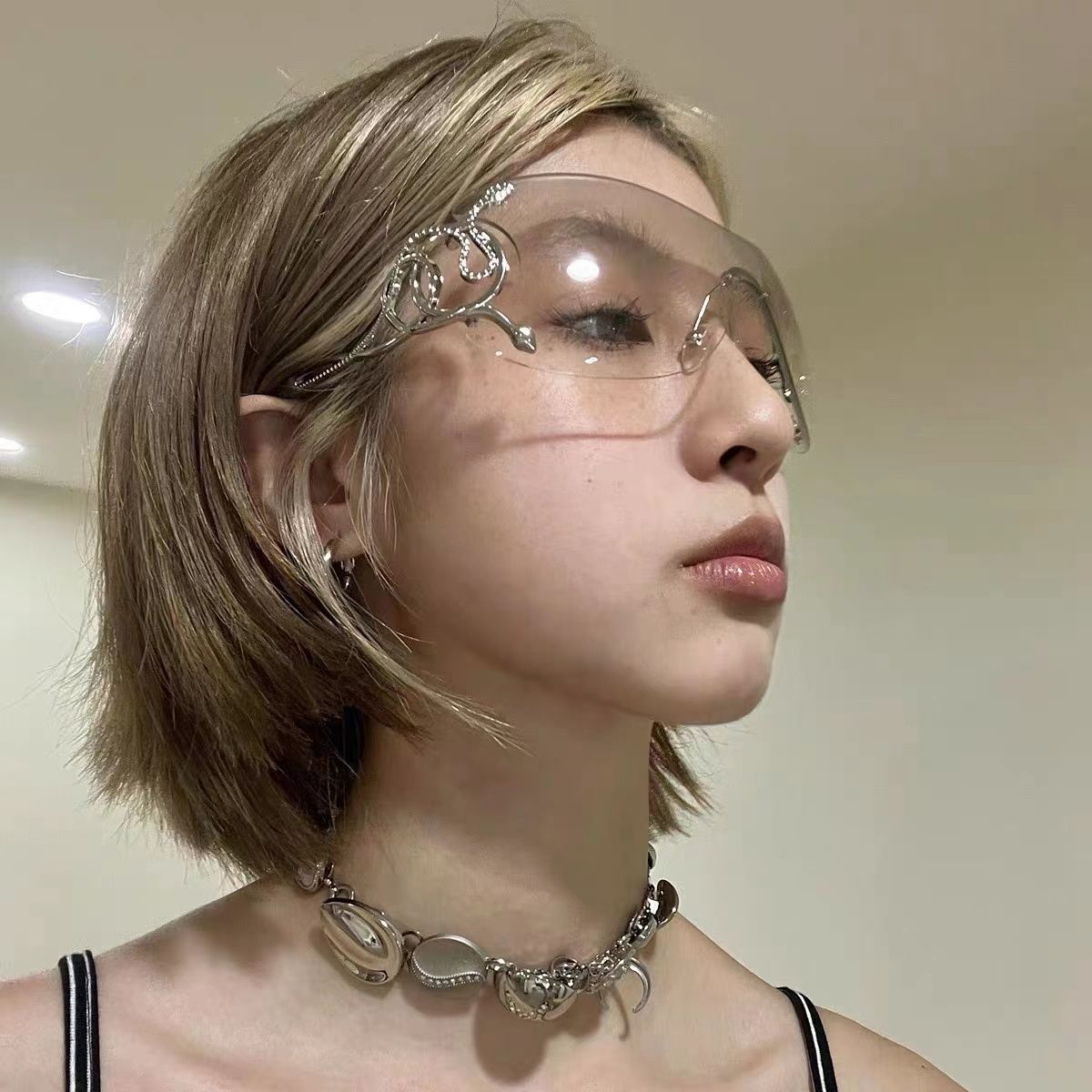 Y2K辣妹歐美銀色復古眼鏡漸變太陽眼鏡設計感甜辣顯臉小街拍墨鏡