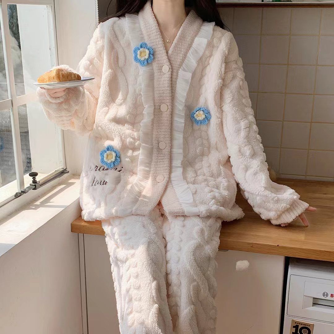 珊瑚絨睡衣女加厚秋冬季開衫保暖法蘭絨睡衣女士可外穿家居服套裝