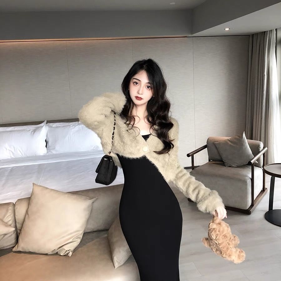 套裝女2023秋季新款純欲水貂絨毛衣開衫長袖連衣裙收腰顯瘦包臀裙