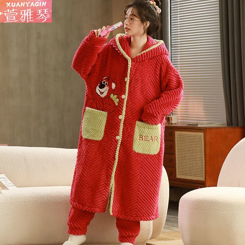 法兰绒睡衣女冬季新款加绒加厚睡袍中长款加大码套装大红色家居服