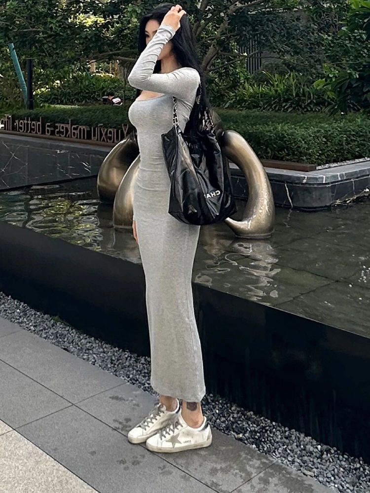 Cotton thread Kardashian high-cold royal sister style square collar long-sleeved dress autumn and winter new tight hip-hugging stepmother long skirt