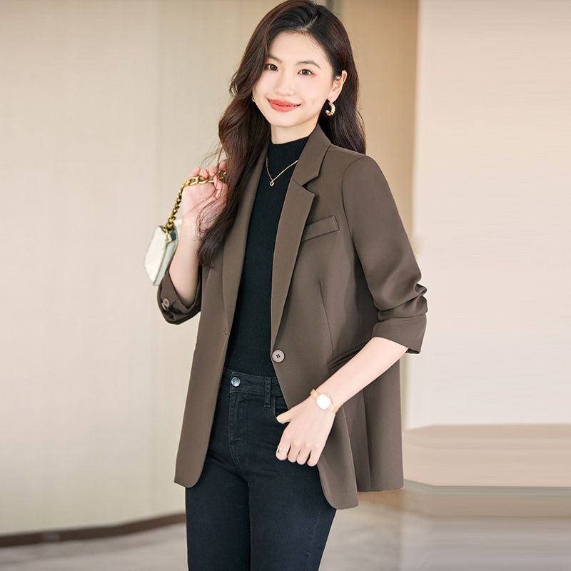 咖色韩版潮流后开叉设计西装外套女2023春秋新款小众时尚西服上衣