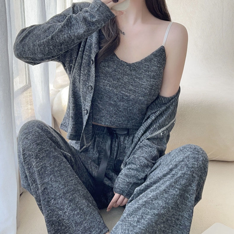睡衣女春秋款薄款吊帶長袖三件套高顏值夏季網紅風可外穿家居服