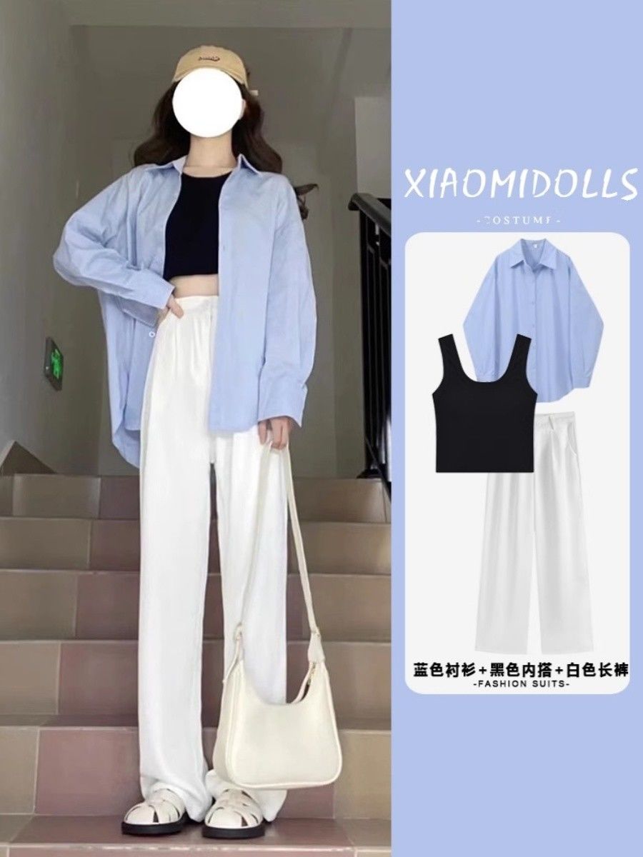 秋季女裝淺藍色襯衫女長袖外穿寬鬆顯瘦百搭學生鹽系襯衣上衣洋氣