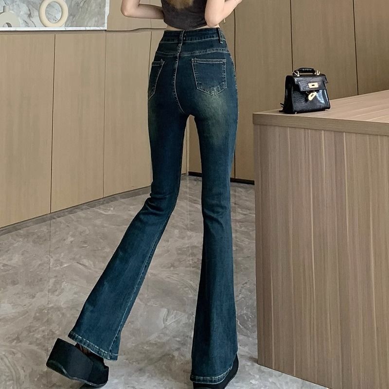  Spring and Autumn New Retro High Waist Slim Micro Flared Jeans Women's Elastic Slim Horseshoe Pants Floor-Mopping Pants Trendy