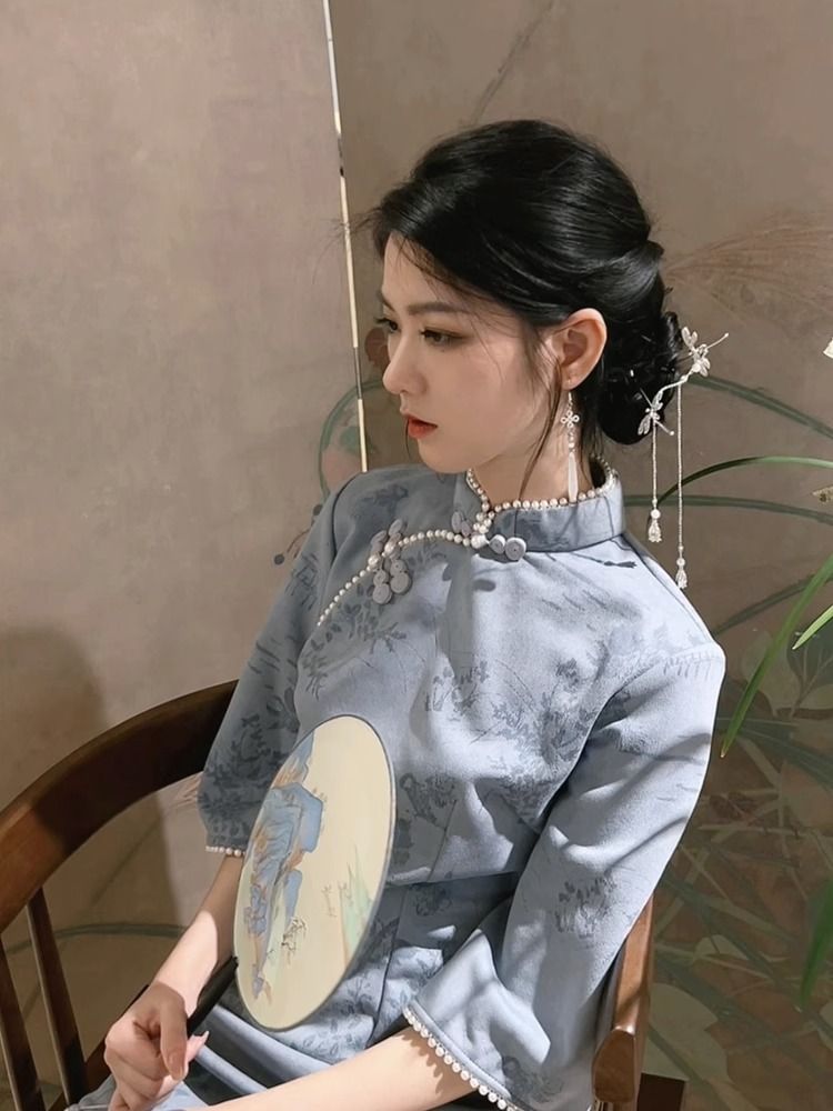 復古旗袍藍色年輕款長袖秋冬2023新款日常民國風改良修身少女氣質