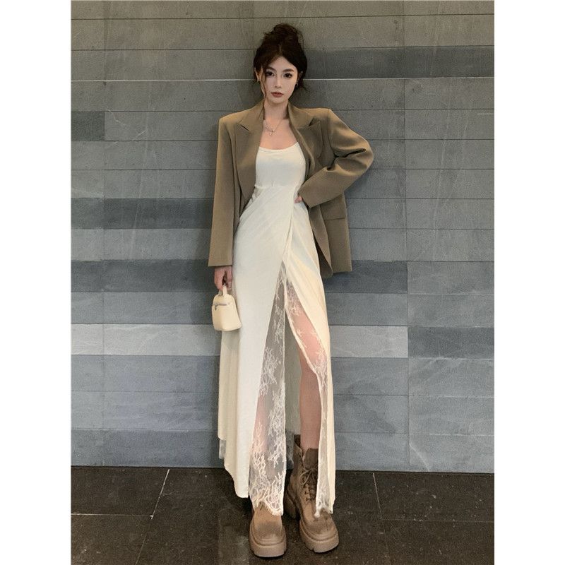 美拉德穿搭卡其色西裝外套女秋季高級感西服氣質中長款小個子上衣