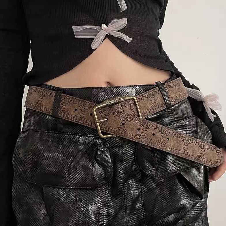 Ethnic style distressed 80s textured printed belt, brown personalized antique copper buckle embossed versatile belt_voghion.com