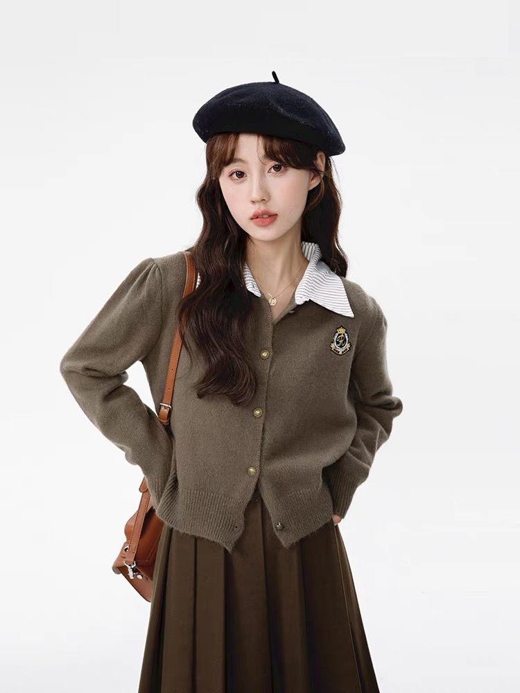 MINETTEpolo領開衫毛衣女顯瘦短款秋冬季新款韓版小個子上衣外套
