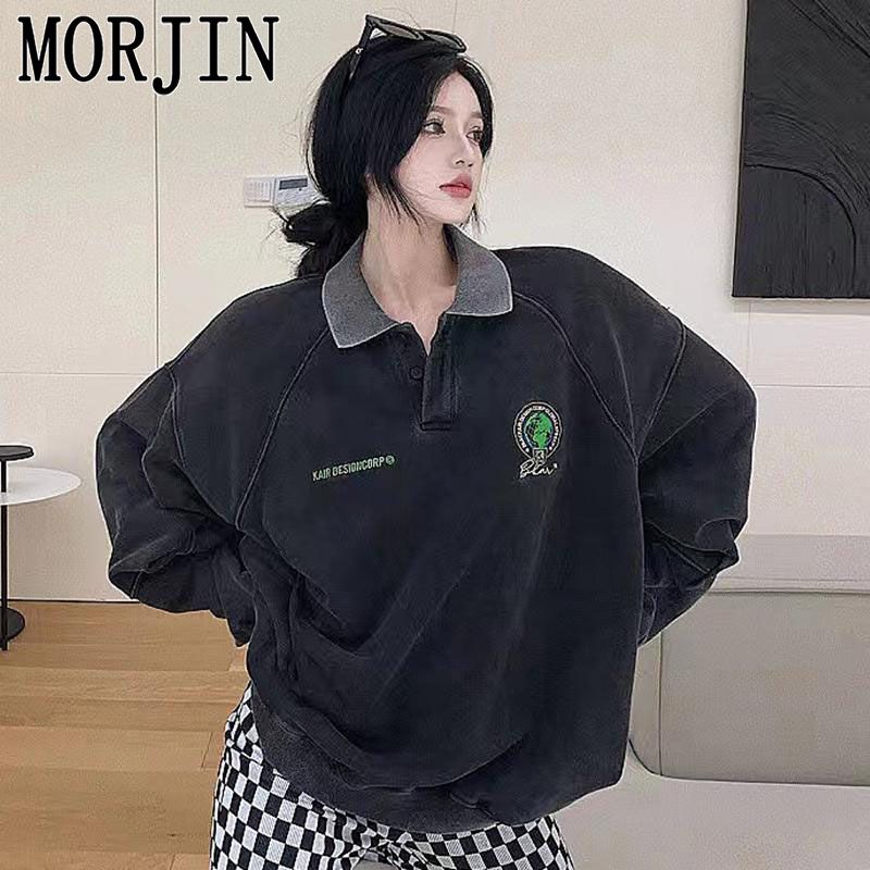 MORJIN潮牌美式復古水洗做舊polo領衛衣女春秋2023新款高街上衣服