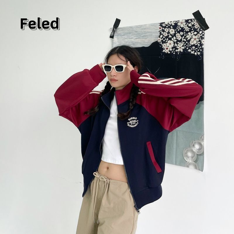 Feila Denton retro American college style contrasting sports sweatshirt jacket for men and women in autumn and winter loose fashionable tops