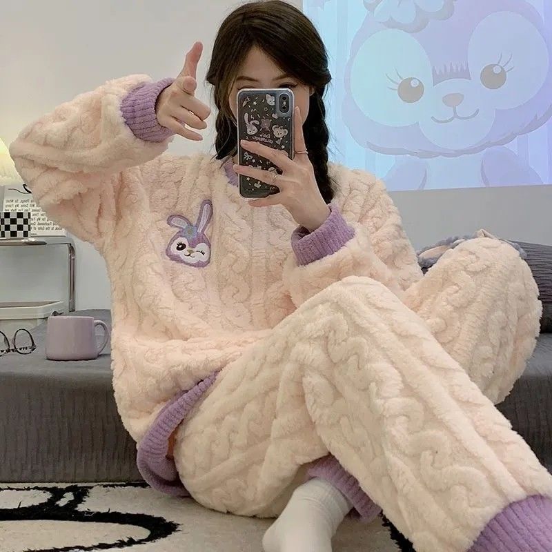 秋冬季韓版珊瑚絨睡衣女款加絨加厚甜美可愛法蘭絨冬天家居服套裝
