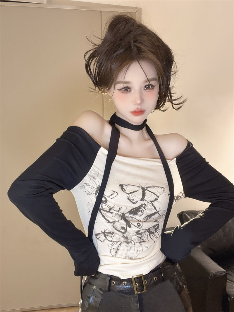 辣妹一字肩印花長袖T恤女秋季設計感小眾修身顯瘦上衣內搭打底衫