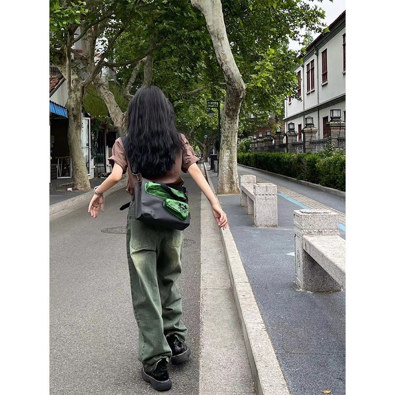 復古綠色闊腿牛仔褲女小個子秋季ins新款高腰顯瘦寬鬆垂感直筒褲