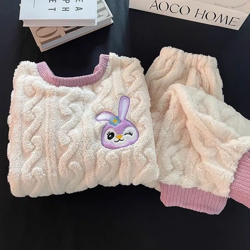 珊瑚絨睡衣女秋冬季新款加絨加厚可愛卡通法蘭絨網紅風家居服套裝
