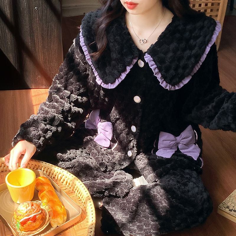 珊瑚絨睡衣女秋冬季加厚2023年新款紫色蝴蝶結可愛家居服翻領套裝