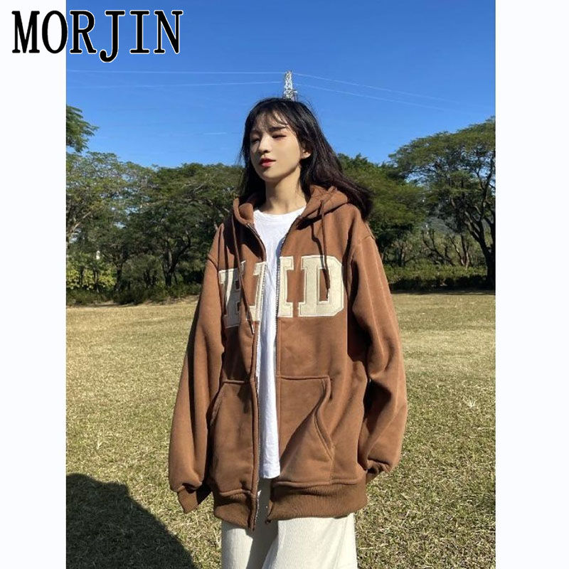 MORJIN美式复古贴布刺绣字母连帽卫衣女春秋宽松韩版百搭开衫外套