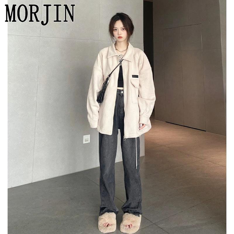MORJIN秋裝女2023新款華夫格外套寬鬆韓版休閒百搭翻領開衫外套潮