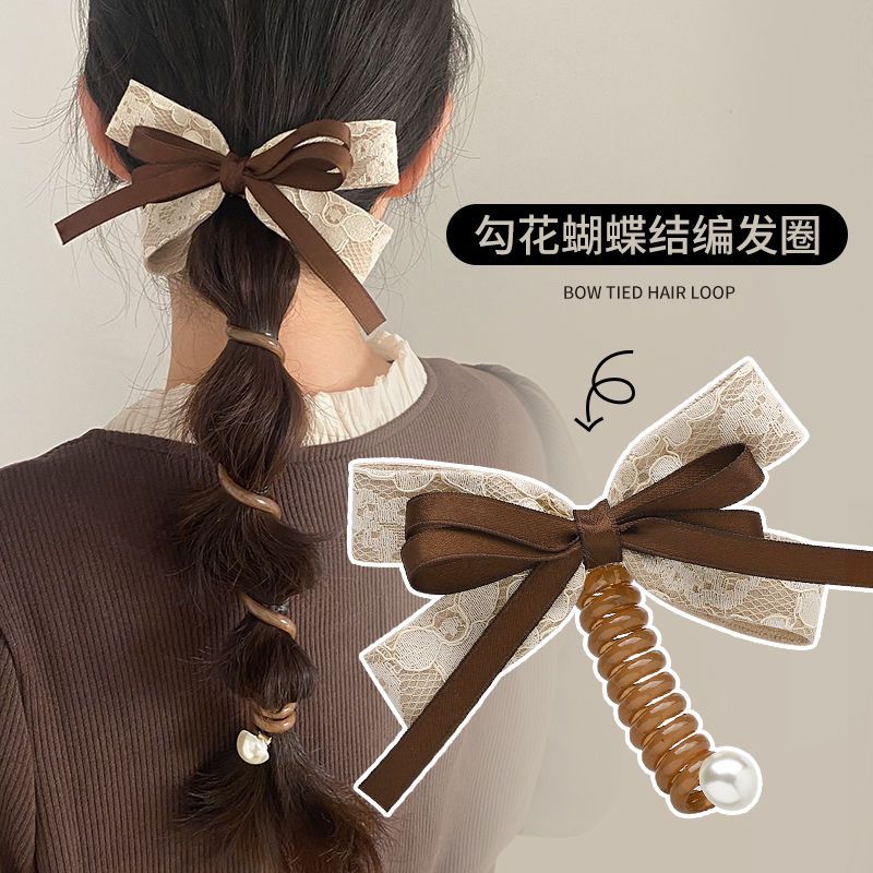 氣質蝴蝶結飄帶直條電話線發圈頭飾女時尚泡泡辮高馬尾神器頭繩