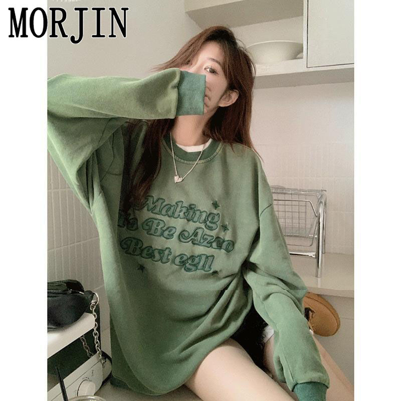 MORJIN美式復古水洗做舊刺繡字母衛衣女秋季2023新款寬鬆套頭上衣