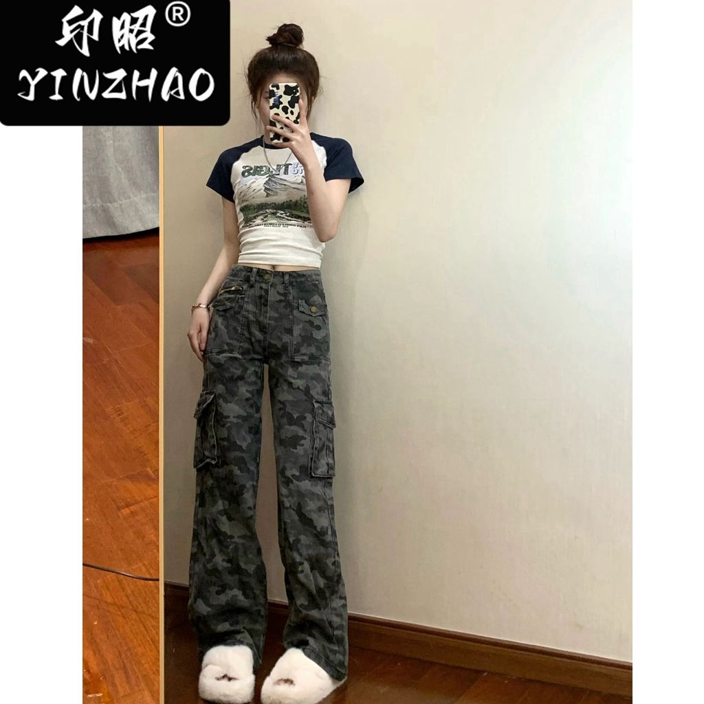 【印昭YINZHAO】復古迷彩百搭高腰長褲女秋工裝寬鬆直筒牛仔褲女