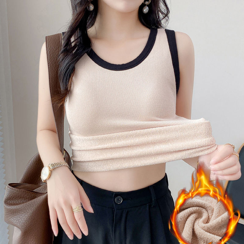 保暖加絨背心女帶胸墊毛圈新款秋冬內搭修身上衣高檔外穿打底衫冬