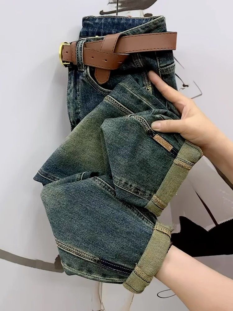 復古高腰哈倫牛仔褲女夏季薄款小個子寬鬆顯瘦設計感九分老爹褲