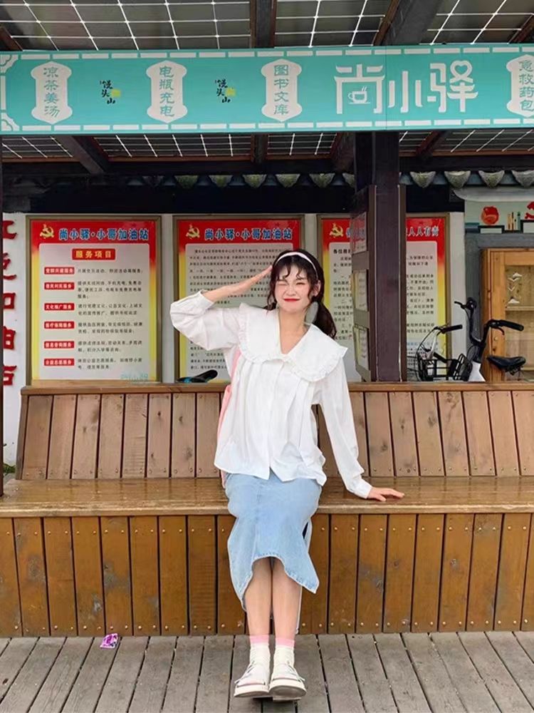 CONGRAZIO秋季休閒娃娃領長袖襯衫女裝2023新款寬鬆減齡上衣洋氣