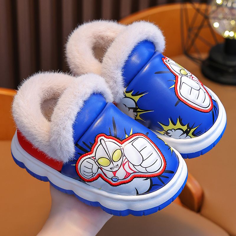 Children's cotton slippers winter boys Ultraman cartoon bag heel warm anti-slip baby PU leather waterproof snow cotton shoes