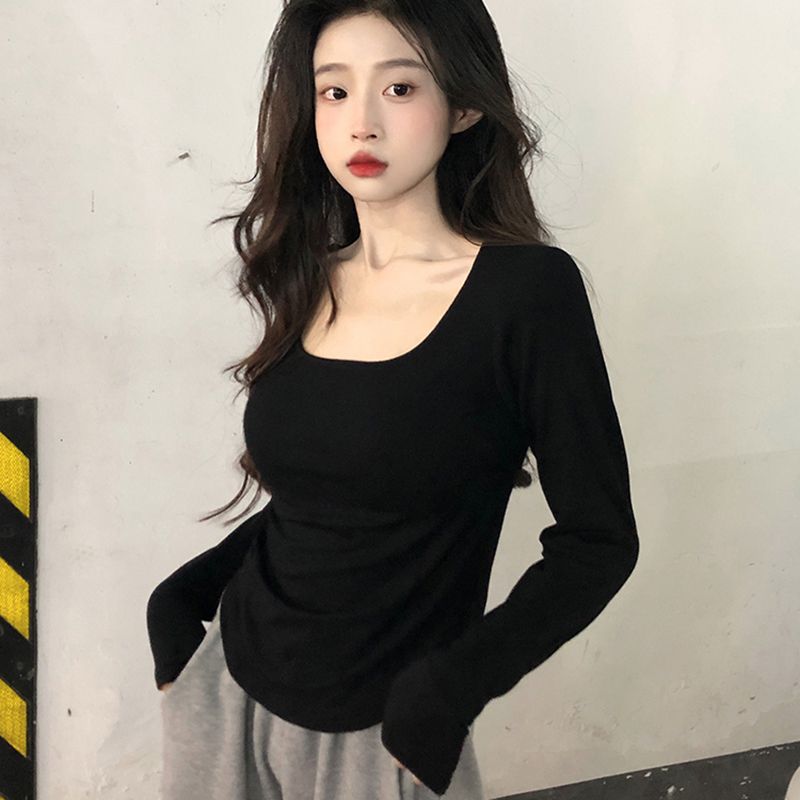 方領長袖春秋t恤女大碼胖mm微胖黑色短款打底U領顯瘦不規則上衣冬