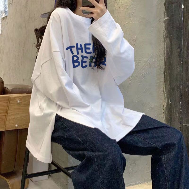 純棉開叉長袖T恤女2023秋季新款學生韓版寬鬆內搭純色打底衫上衣